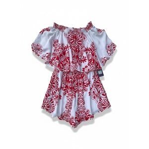 Show Me Your Mumu Rosarita Romper Red White Off Shoulder Floral Med MS7-30 CL09